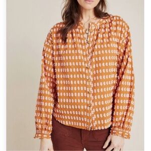 Anthropologie Pilcro Tavi Swiss dot button up shirt cotton brown pink small